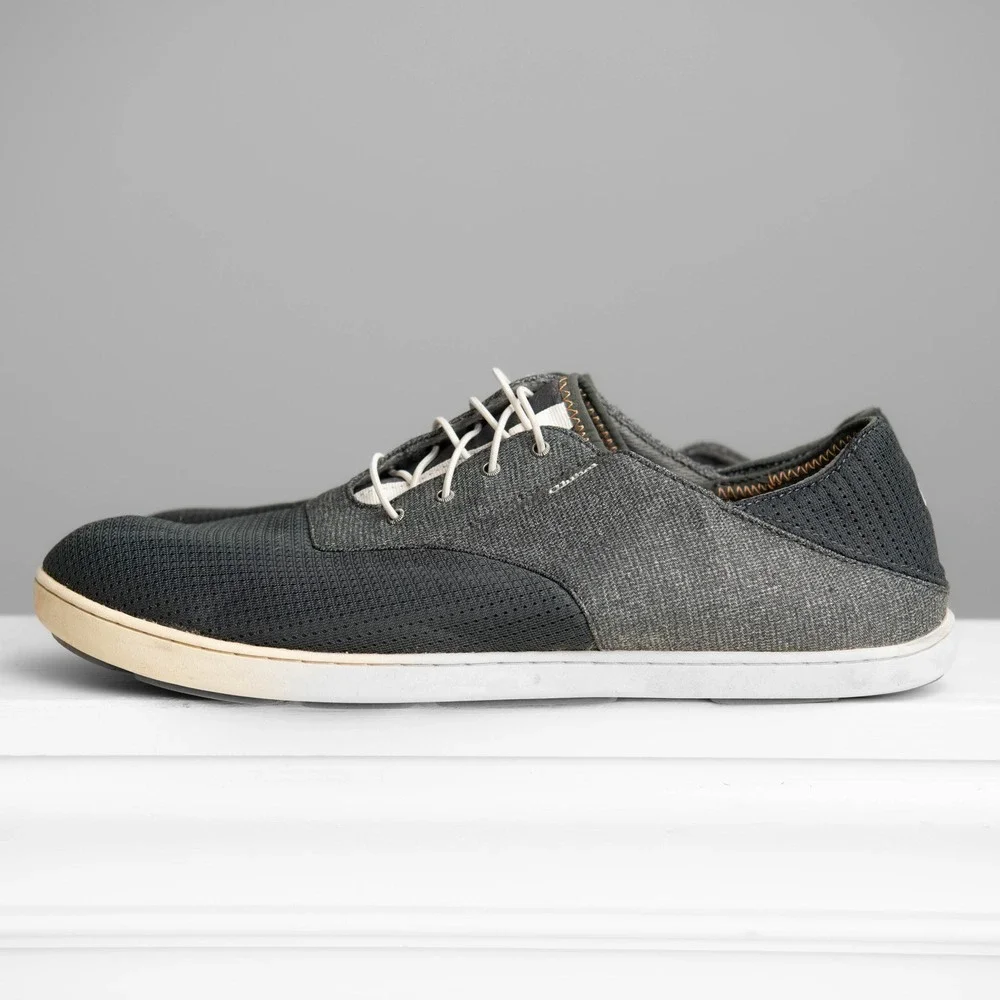 OluKai Nohea Moku Mens 13 Charcoal Gray Mesh Slip on Boat Shoes Beach Minimalist